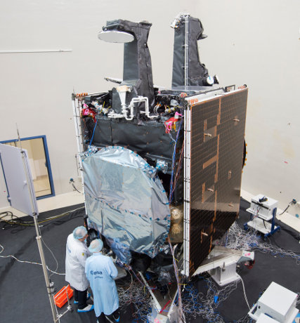The Hispasat AG1 undergoing tests in the IABG clean room. Credit: ESA/S. Corvaja