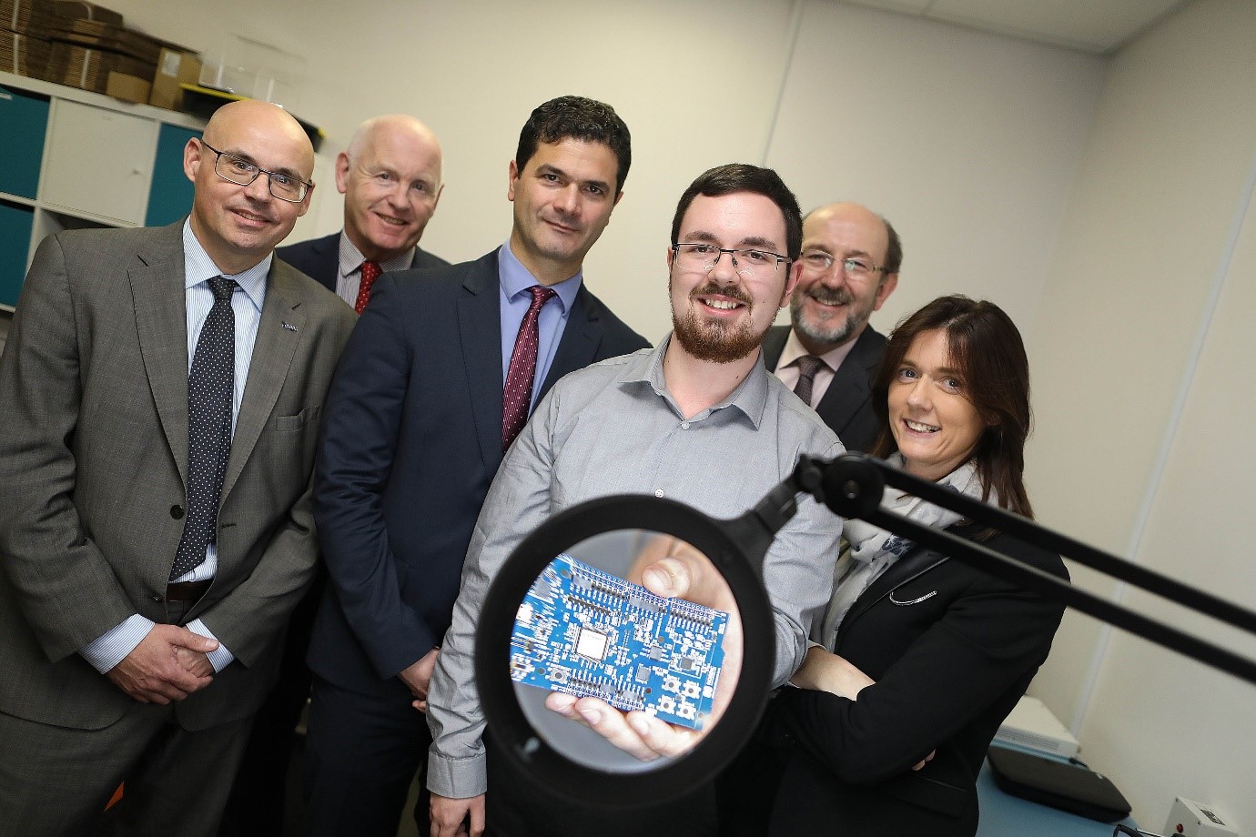 From left to right: Frank Zeppenfeldt - ESA, Tony McDonald - Irish Delegate to ESA JCB, Domenico Mignolo - ESA, Ronan Byrne - Firmwave, Professor Brian MacCraith - President of DCU, Paula Axelsson - Ammeon. Credit: DCU