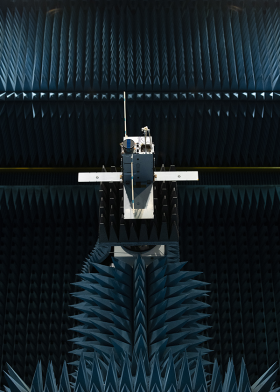 Evaluation of the test nano-satellites took place in ESA’s anechoic chamber at the Agency’s technical centre in the Netherlands, which removes ambient noise. Image credit: ESA