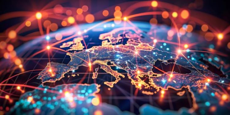 An artwork showing connectivity lines across Europe